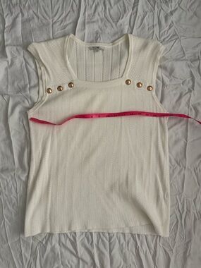 Cream Ribbed Knit Top Gold Button Detail Size L